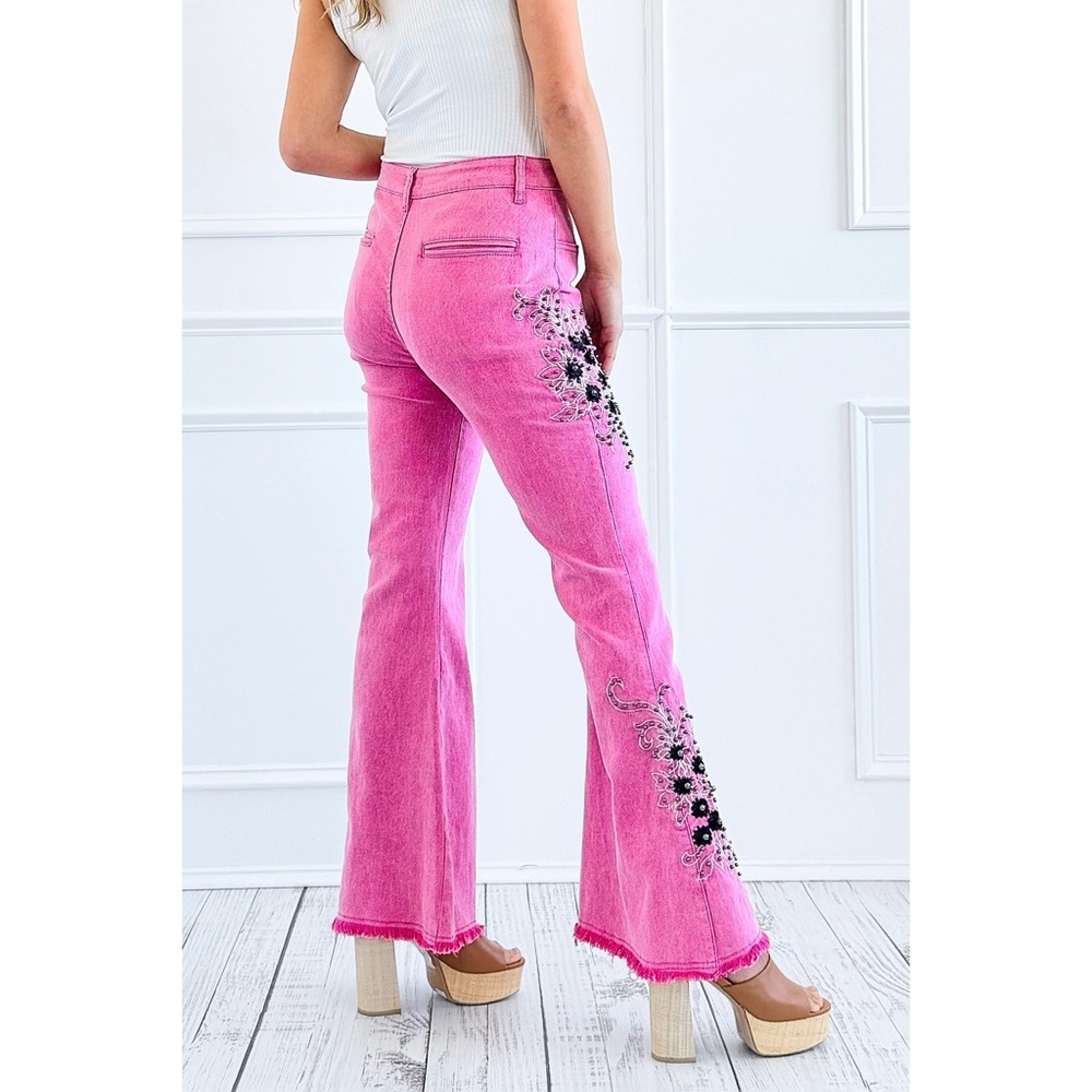 POL Pink Embroidered Western Flare Jeans | Beaded Studded Stretch Denim - Picture 2 of 7